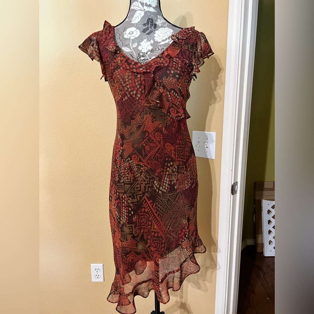 Y2K Floral Ruffle Midi Dress in Rust Red